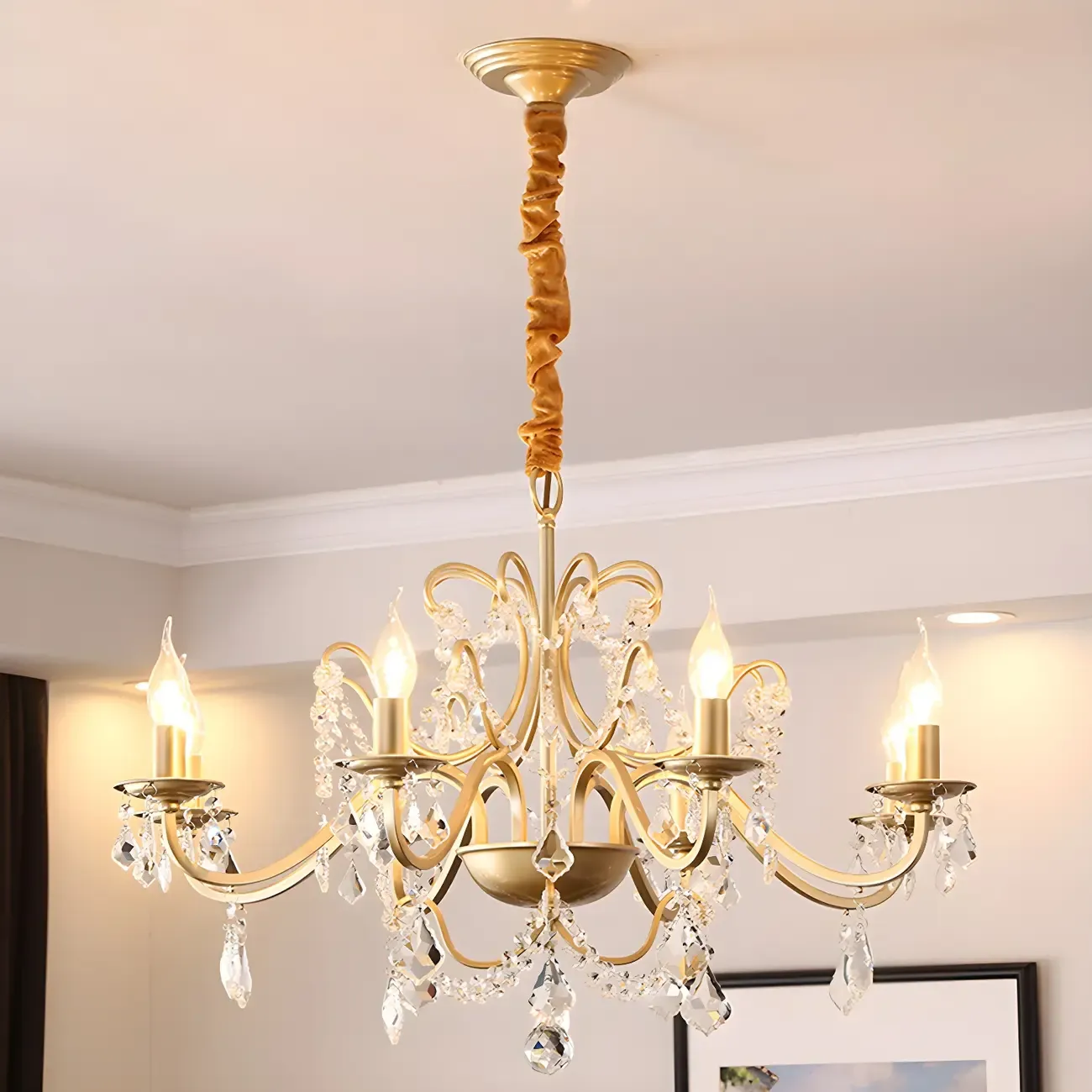 Traditional Curved Gold Metal Crystal Bead Chandeliers Image - 7