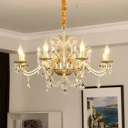 Traditional Curved Gold Metal Crystal Bead Chandeliers Image - 8