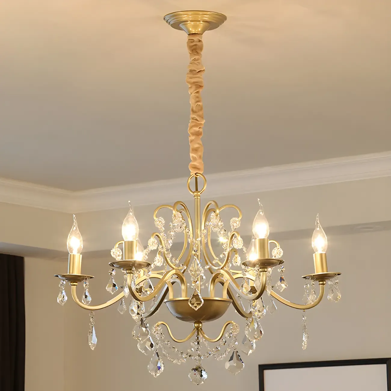 Traditional Curved Gold Metal Crystal Bead Chandeliers Image - 9