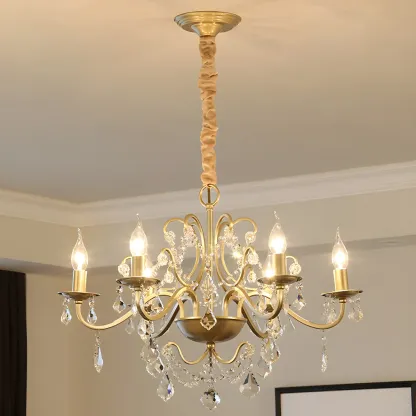 Traditional Curved Gold Metal Crystal Bead Chandeliers Image - 9