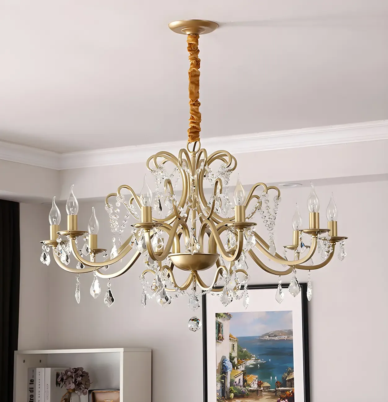 Traditional Curved Gold Metal Crystal Bead Chandeliers Image - 2