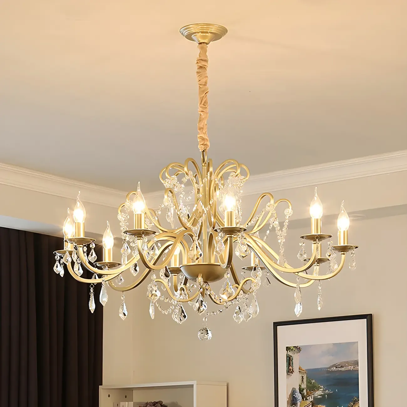 Traditional Curved Gold Metal Crystal Bead Chandeliers Image - 1