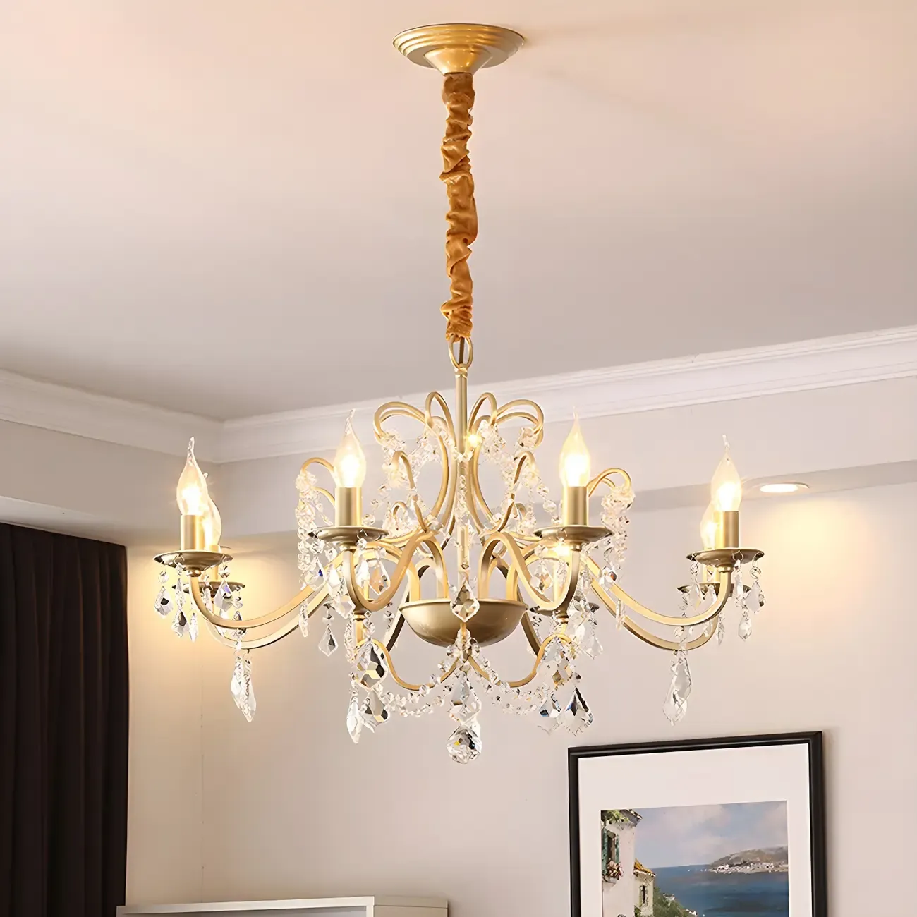 Traditional Curved Gold Metal Crystal Bead Chandeliers Image - 12