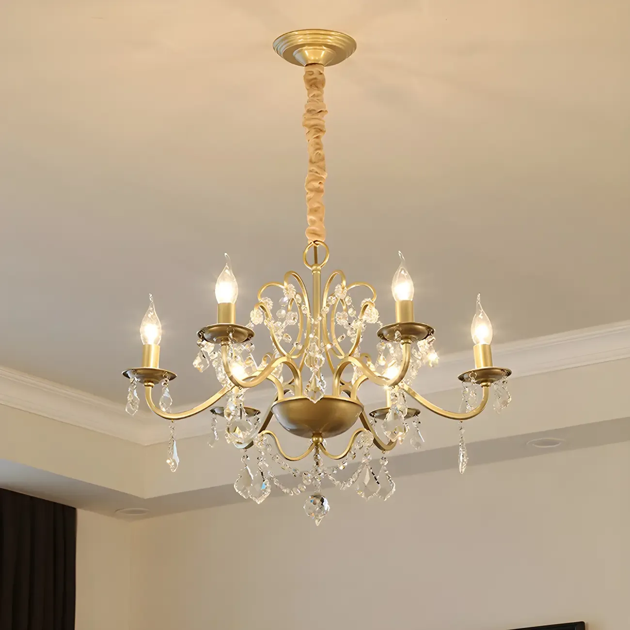 Traditional Curved Gold Metal Crystal Bead Chandeliers Image - 11