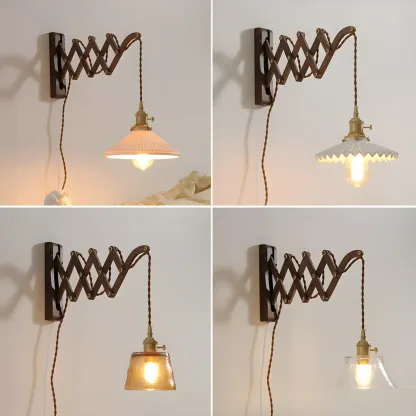 Vintage Brown Wood Retractable Swing Arm Wall Light Image - 5