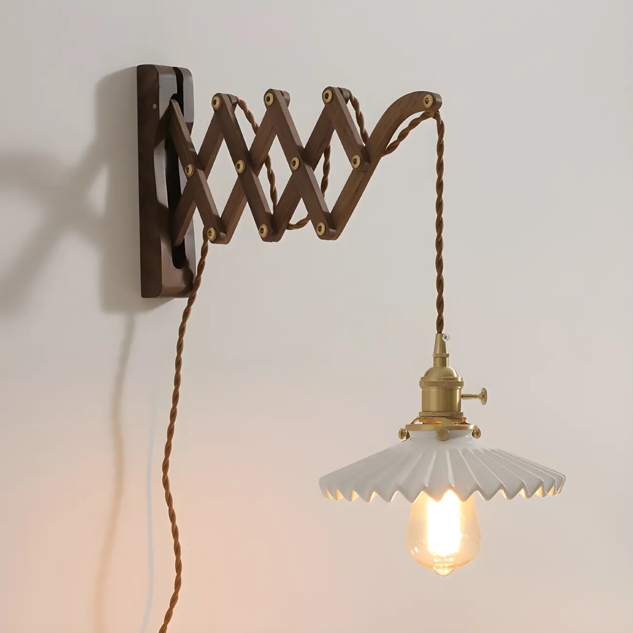 Vintage Brown Wood Retractable Swing Arm Wall Light Image - 3 | homeyfad