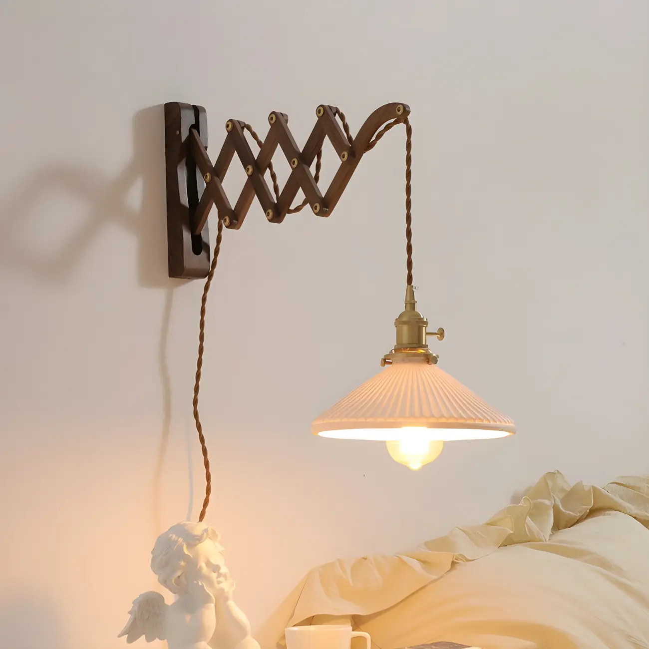 Vintage Brown Wood Retractable Swing Arm Wall Light Image - 1 | homeyfad