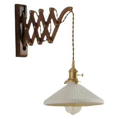 Vintage Brown Wood Retractable Swing Arm Wall Light Image - 6