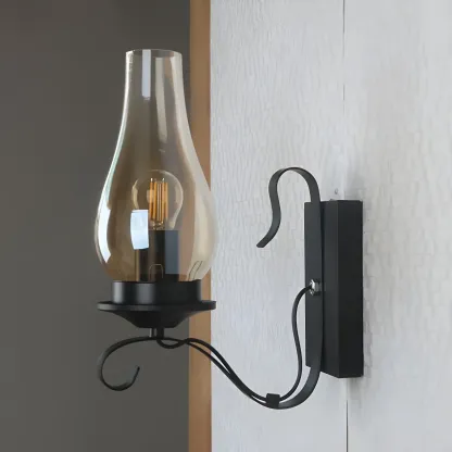 12" Industrial Black Wall Sconce with Amber Shade & LED Image - 1