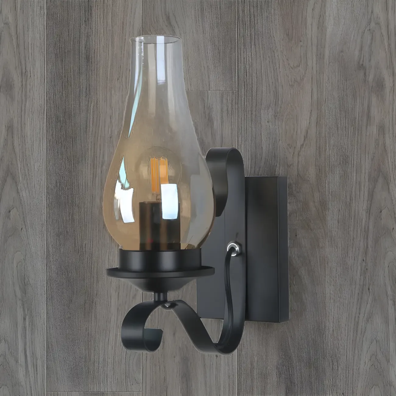 12" Industrial Black Wall Sconce with Amber Shade & LED Image - 2