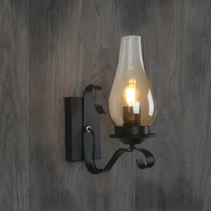 12" Industrial Black Wall Sconce with Amber Shade & LED Image - 7