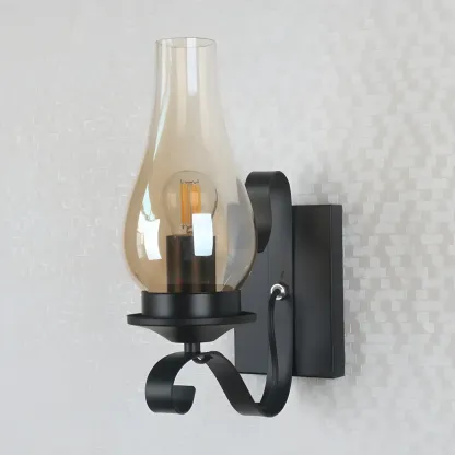 12" Industrial Black Wall Sconce with Amber Shade & LED Image - 10