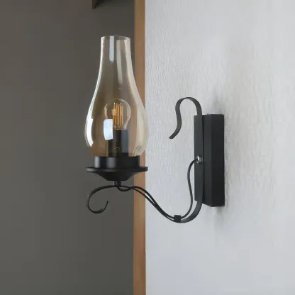12" Industrial Black Wall Sconce with Amber Shade & LED Image - 11