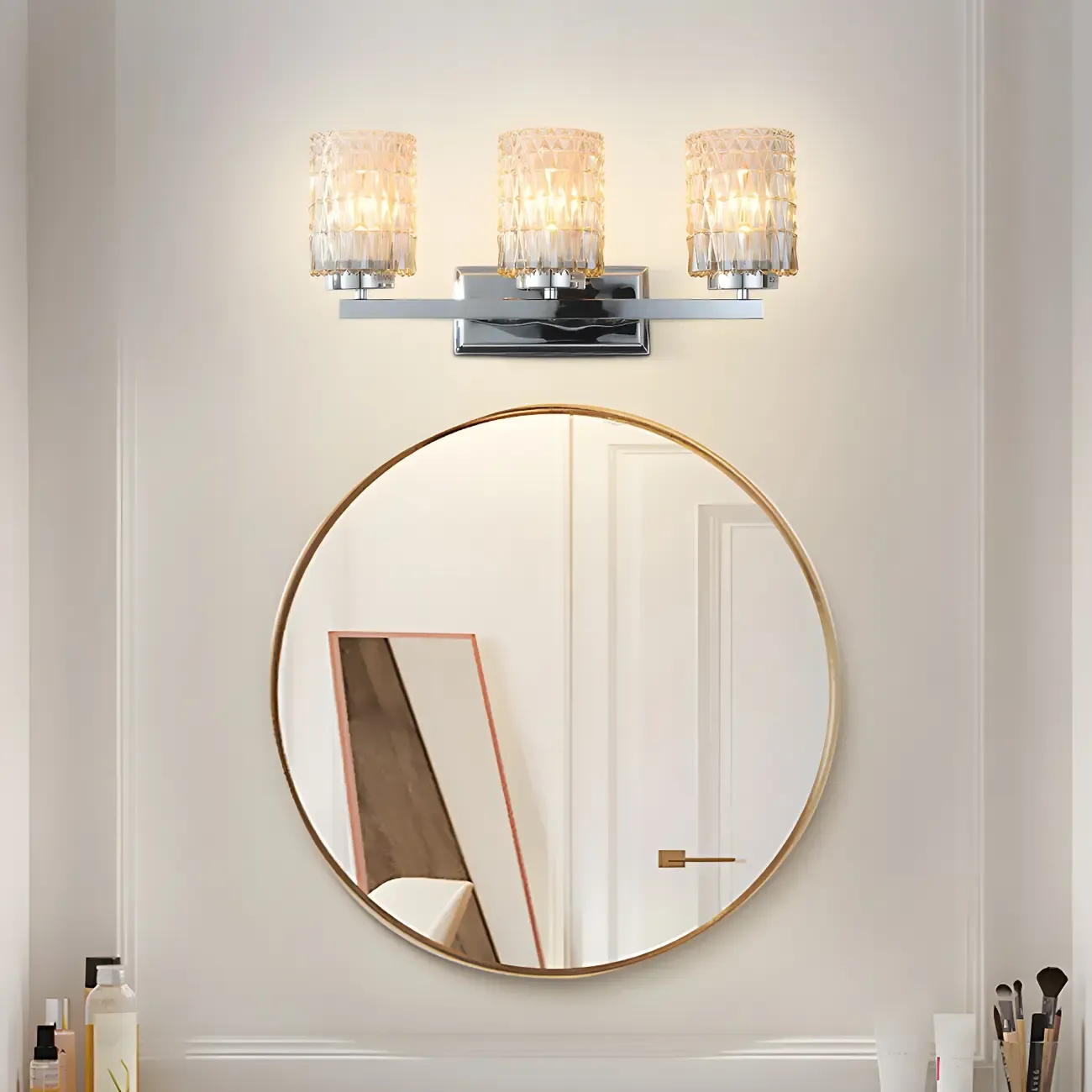 3-Light Chrome LED Vanity Light Prismatic Glass for Bathroom