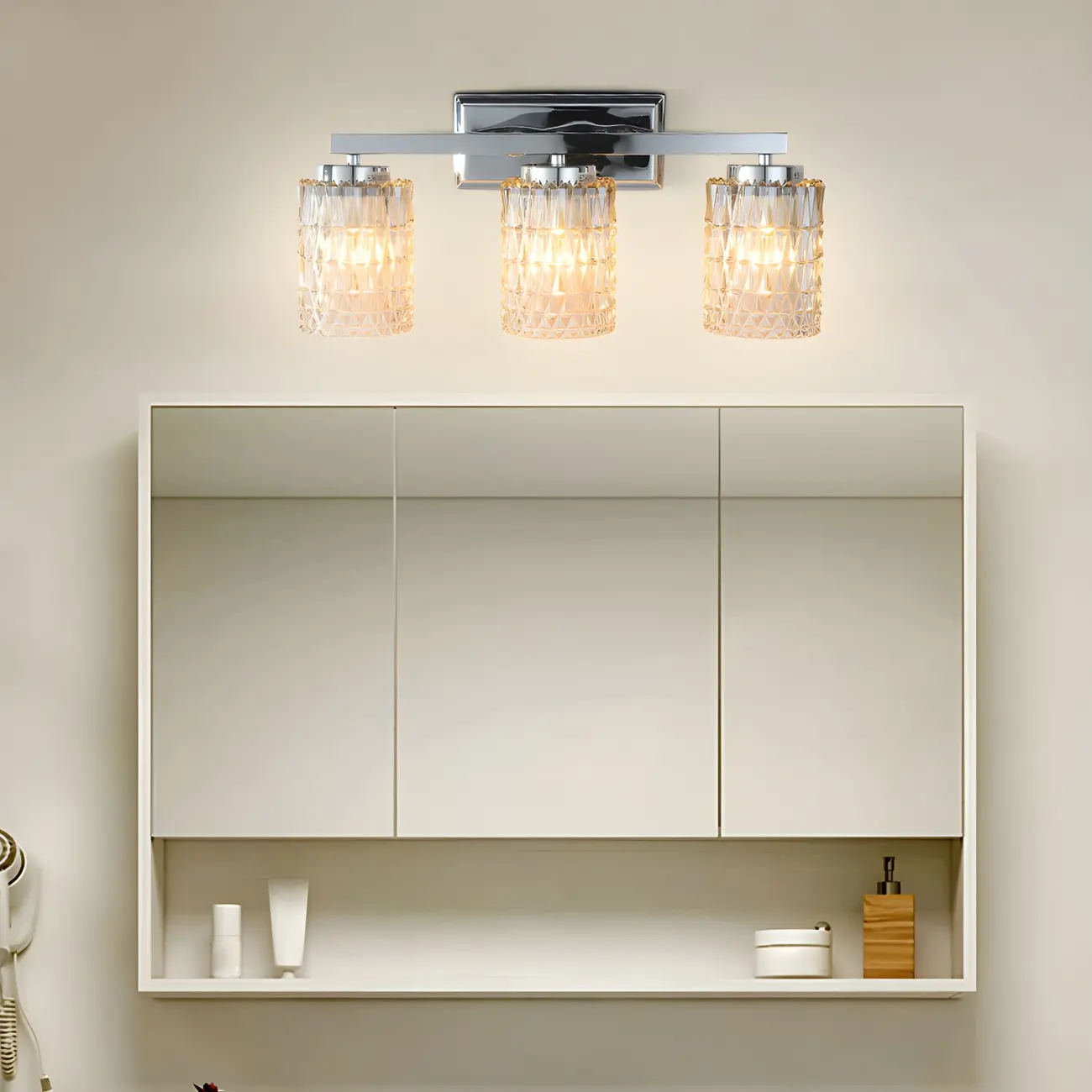 3-Light Chrome LED Vanity Light Prismatic Glass for Bathroom | homeyfad