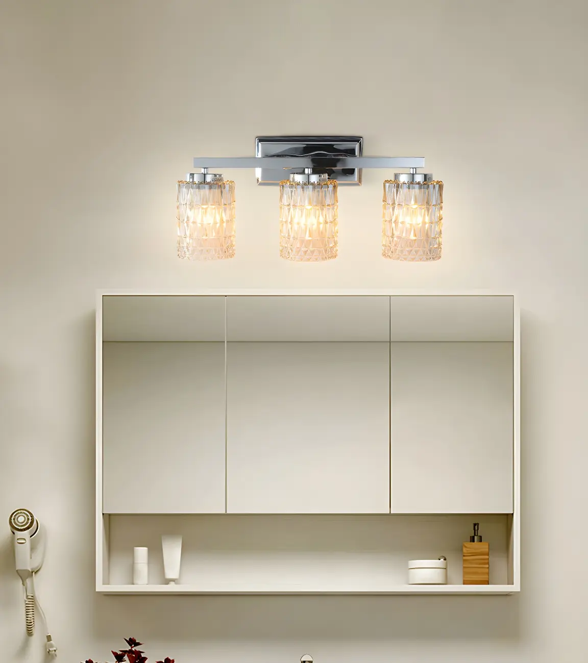 3-Light Chrome LED Vanity Light Prismatic Glass for Bathroom | homeyfad