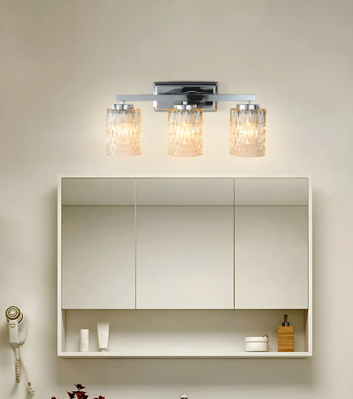 3-Light Chrome LED Vanity Light Prismatic Glass for Bathroom