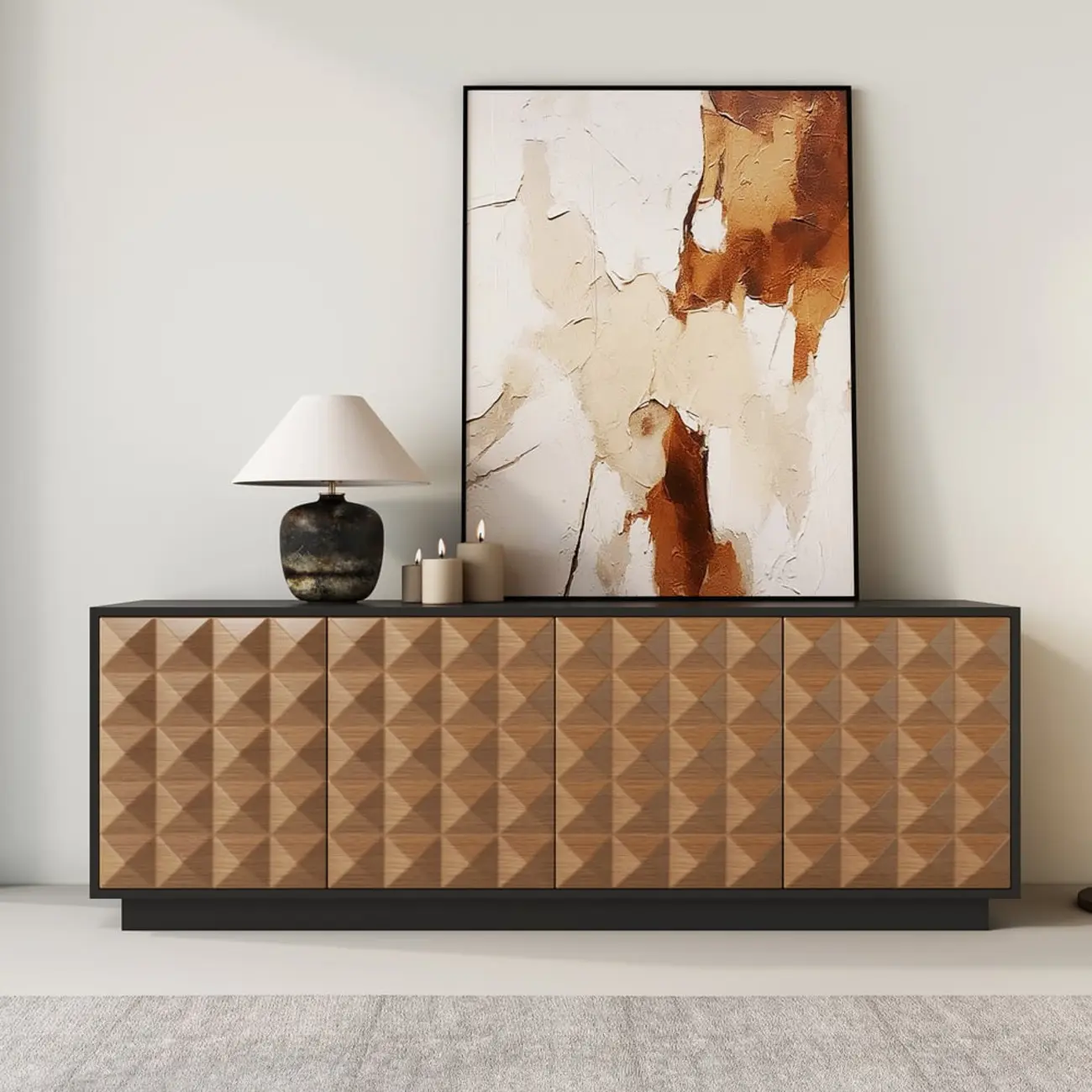 Black & Natural Wooden Fluted Doors TV Stand for 75 Inch TV Image - 2 | homeyfad