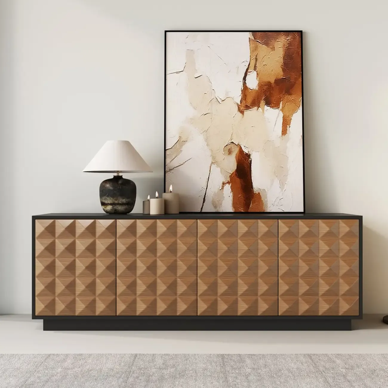 Black & Natural Wooden Fluted Doors TV Stand for 75 Inch TV Image - 2