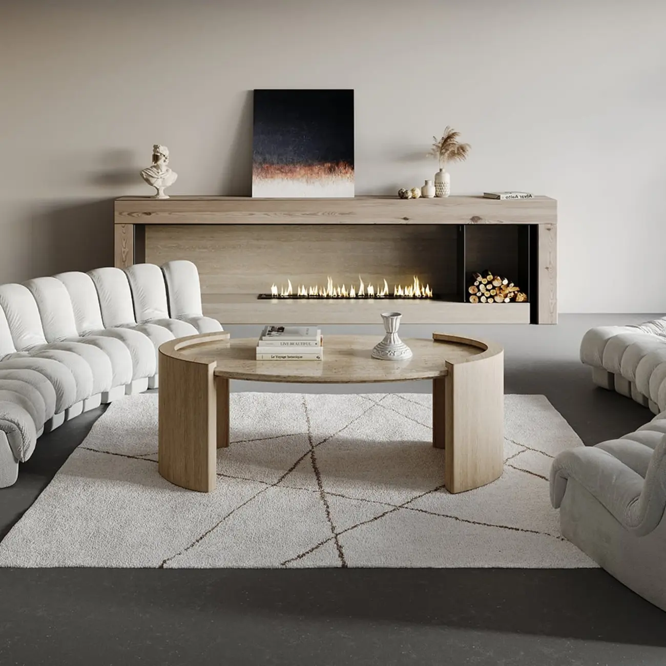 Japandi Oval Travertine Coffee Table in Double Pedestal Image - 4 | homeyfad