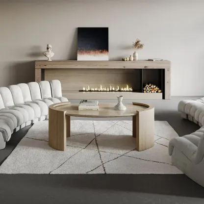 Japandi Oval Travertine Coffee Table in Double Pedestal Image - 4