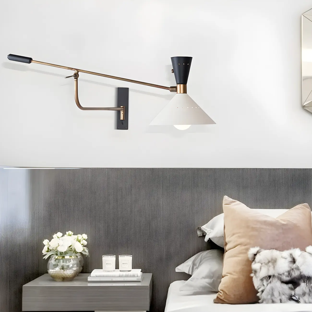 Modern Brass White Conical Arm Swing Wall Light Image - 1 | homeyfad