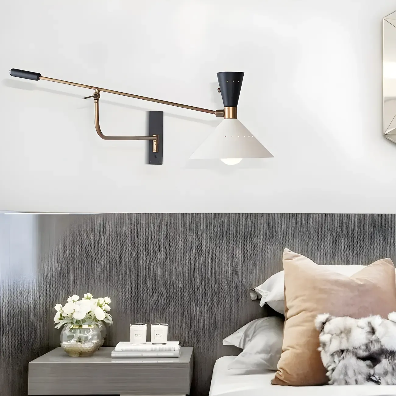 Modern Brass White Conical Arm Swing Wall Light Image - 1