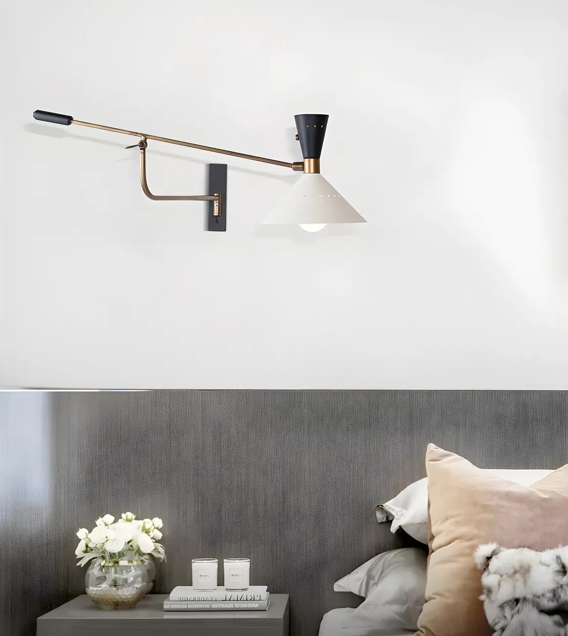 Modern Brass White Conical Arm Swing Wall Light Image - 7 | homeyfad