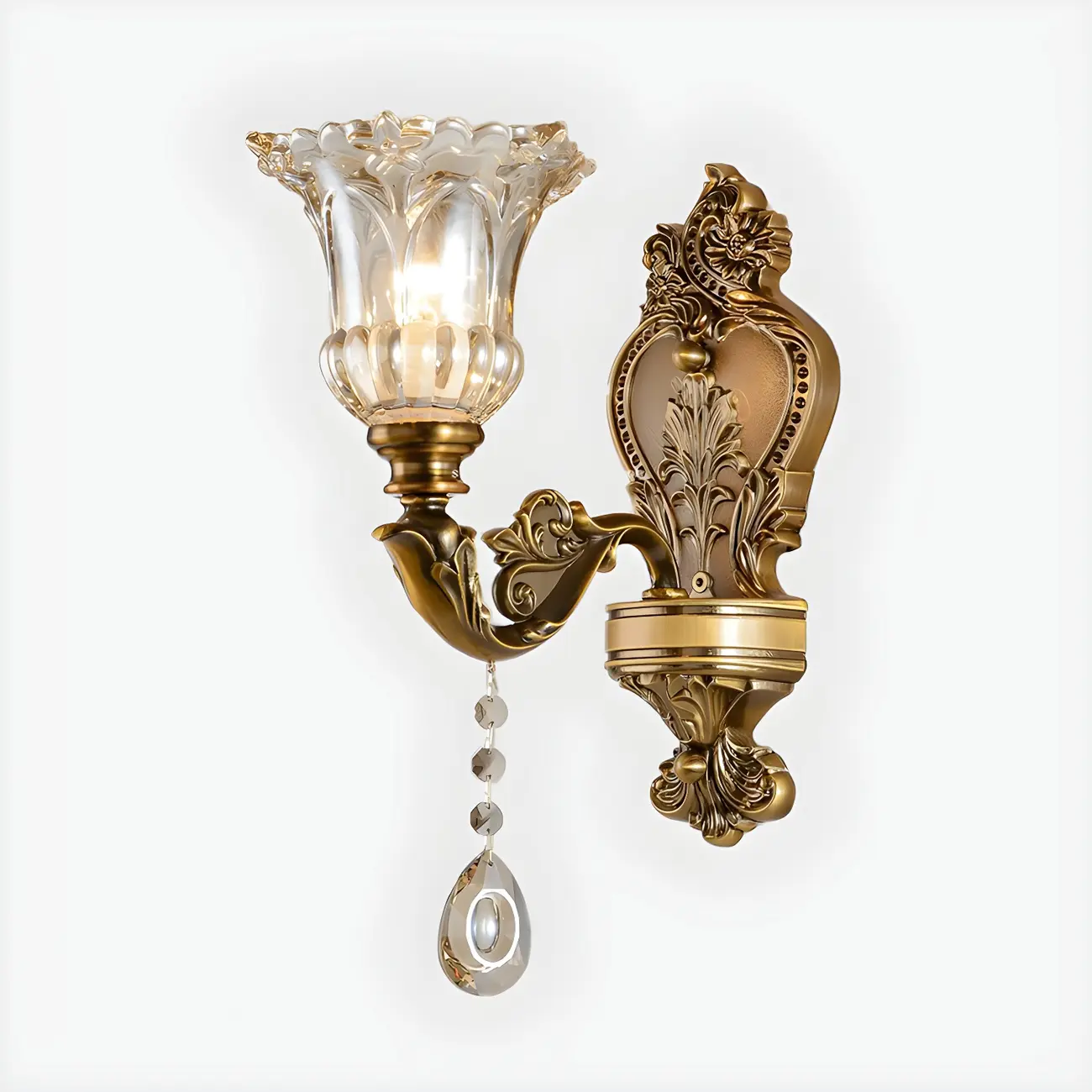 Vintage Brass Glass Flower Crystal Wall Sconce | homeyfad