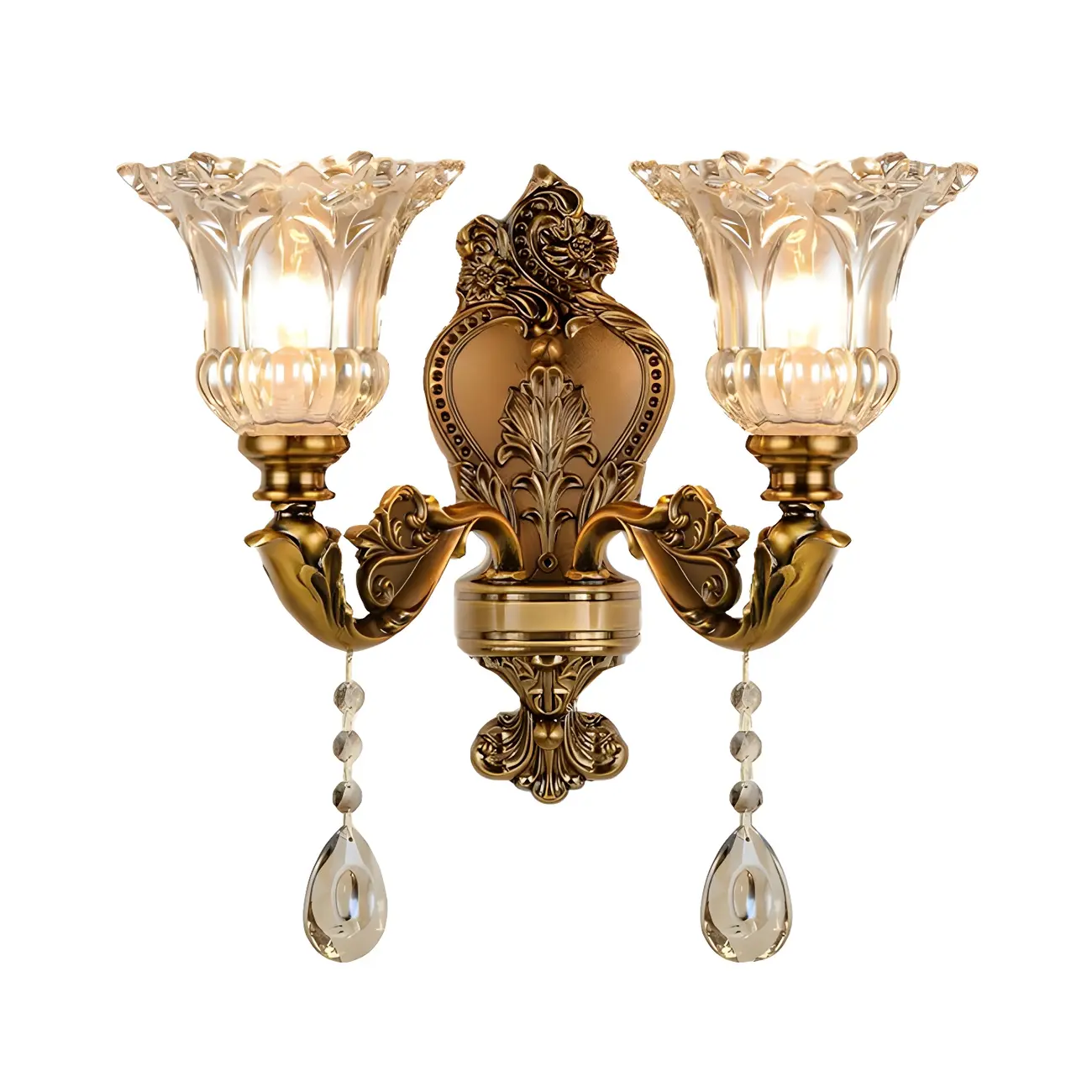 Vintage Brass Glass Flower Crystal Wall Sconce | homeyfad