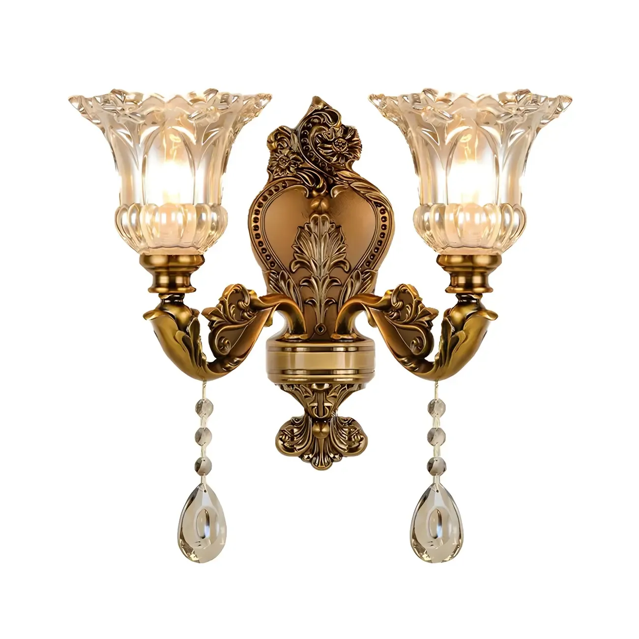 Vintage Brass Glass Flower Crystal Wall Sconce