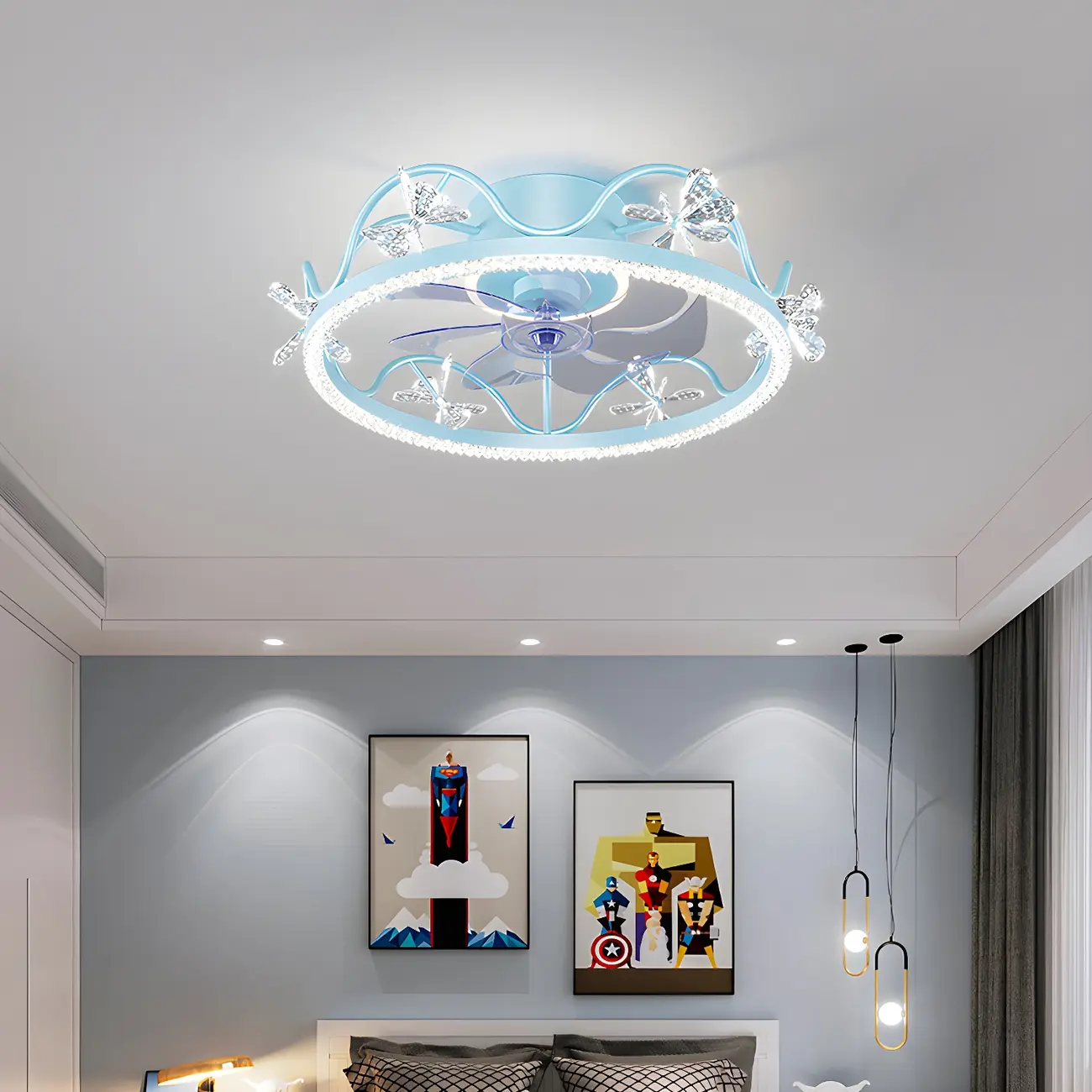 Elegant Kids Room Flush LED Ceiling Fan with Crystal & Light Image - 2 | homeyfad