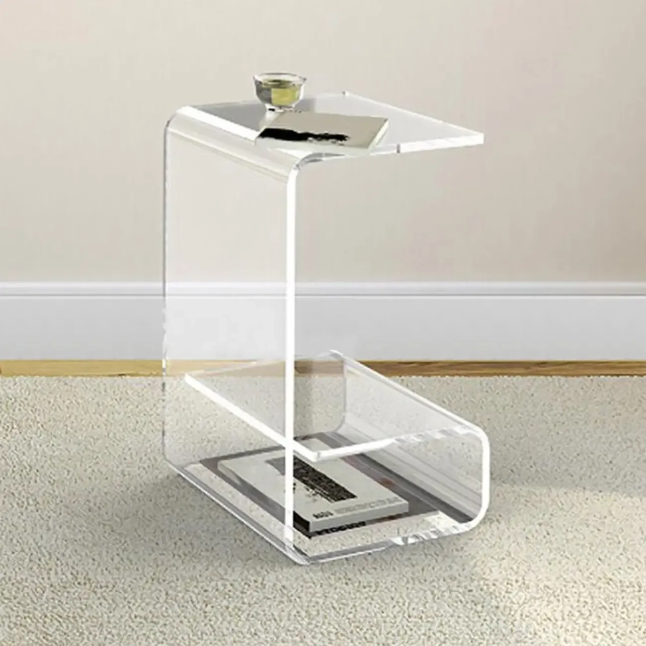 Minimalist Acrylic C-Shaped Side Table with Storage Image - 9