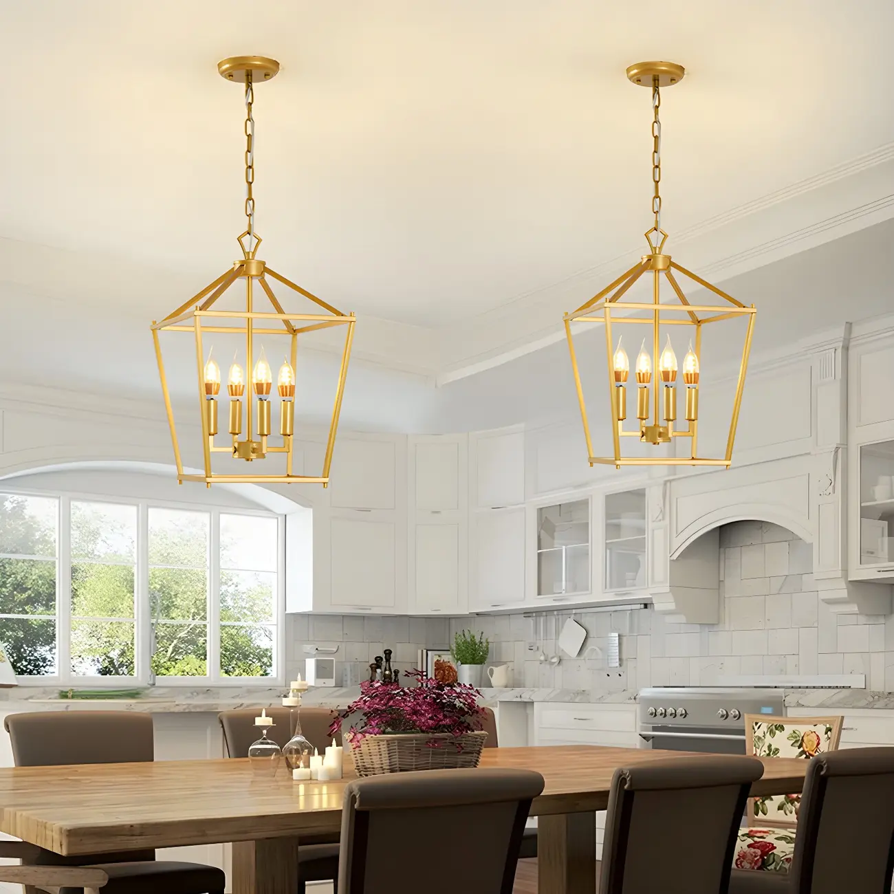 Gold Lantern Metal Frame Modern Linear Chandelier Light Image - 6 | homeyfad