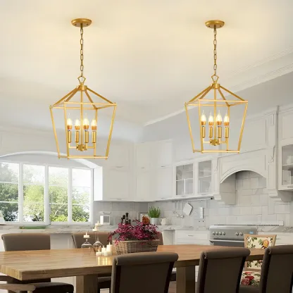 Gold Lantern Metal Frame Modern Linear Chandelier Light Image - 6