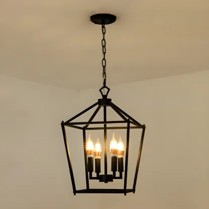 Gold Lantern Metal Frame Modern Linear Chandelier Light Image - 8