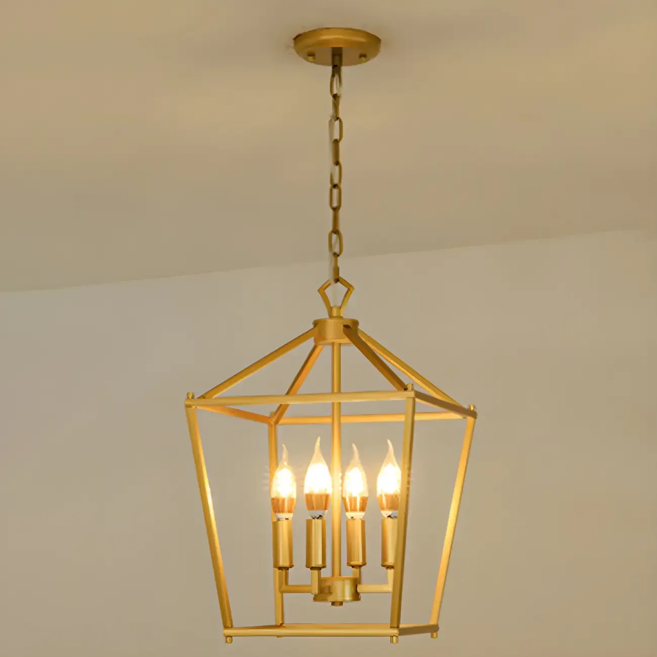 Gold Lantern Metal Frame Modern Linear Chandelier Light Image - 9