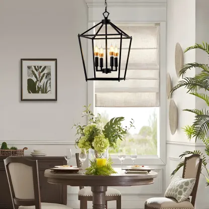 Gold Lantern Metal Frame Modern Linear Chandelier Light Image - 2