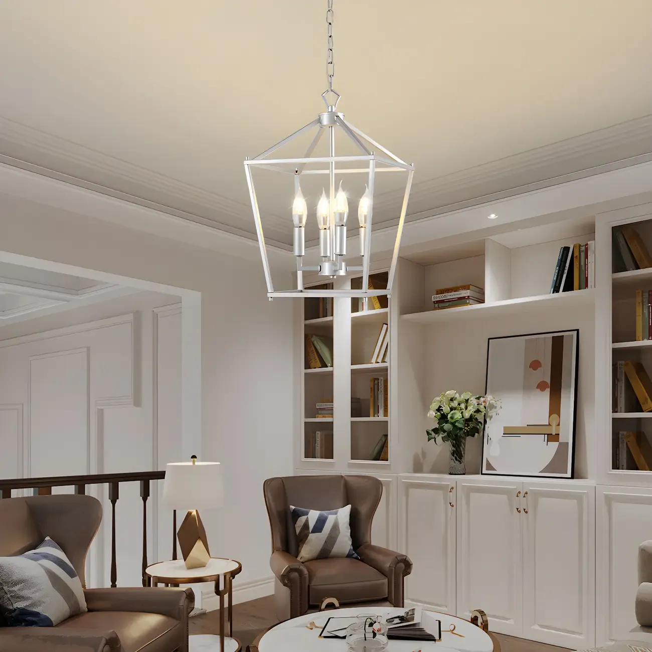 Gold Lantern Metal Frame Modern Linear Chandelier Light Image - 3