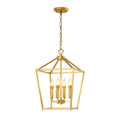 Gold Lantern Metal Frame Modern Linear Chandelier Light Image - 10
