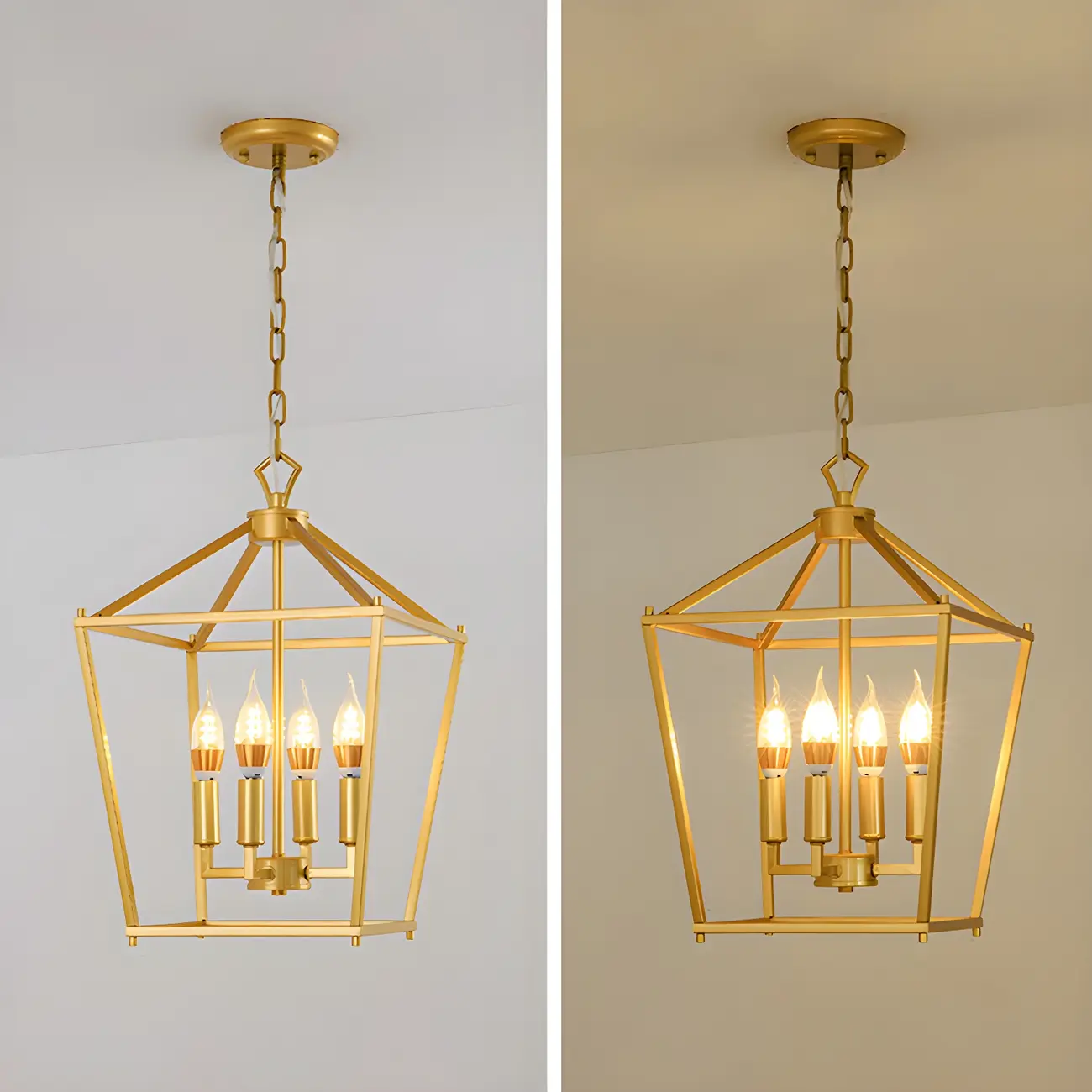 Gold Lantern Metal Frame Modern Linear Chandelier Light Image - 13 | homeyfad