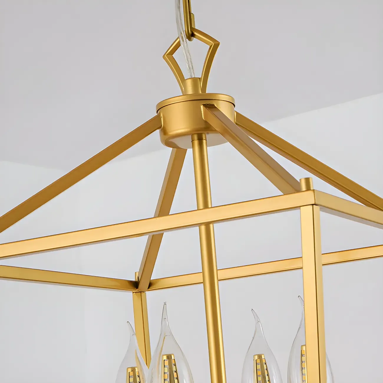 Gold Lantern Metal Frame Modern Linear Chandelier Light Image - 16