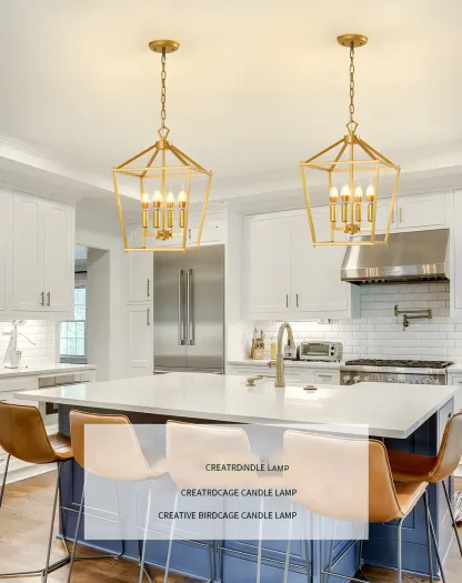 Gold Lantern Metal Frame Modern Linear Chandelier Light Image - 5