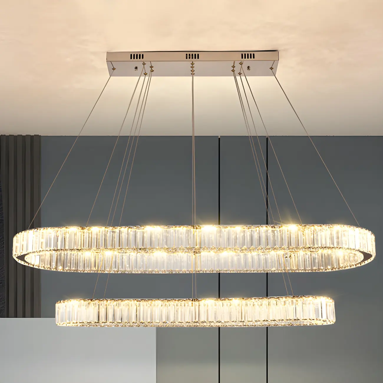 2-Tier Modern Silver Crystal Oval Island Chandelier Image - 7 | homeyfad