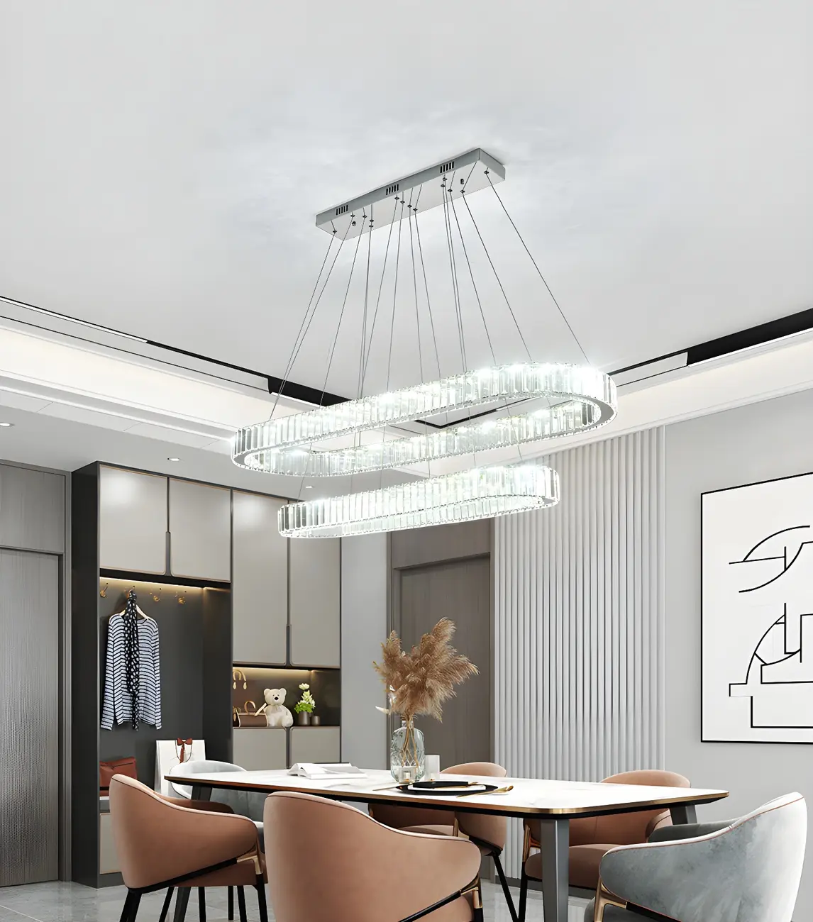 2-Tier Modern Silver Crystal Oval Island Chandelier Image - 2 | homeyfad