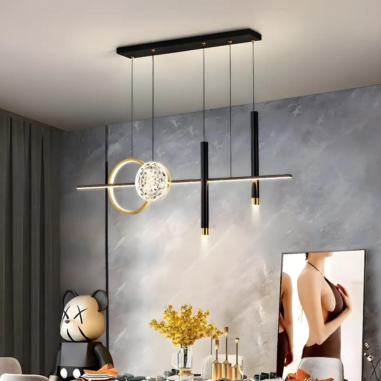 Contemporary LED Gold-Black Linear Island Chandelier Image - 1
