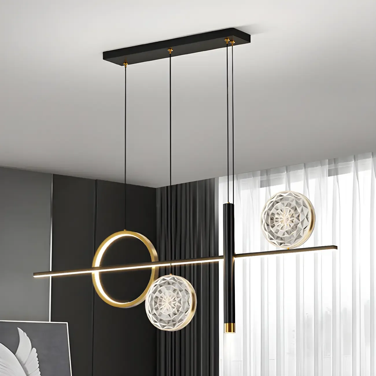 Contemporary LED Gold-Black Linear Island Chandelier Image - 10