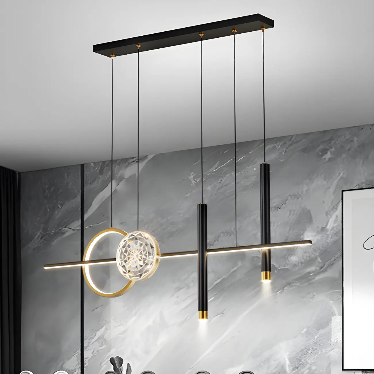 Contemporary LED Gold-Black Linear Island Chandelier Image - 11 | homeyfad