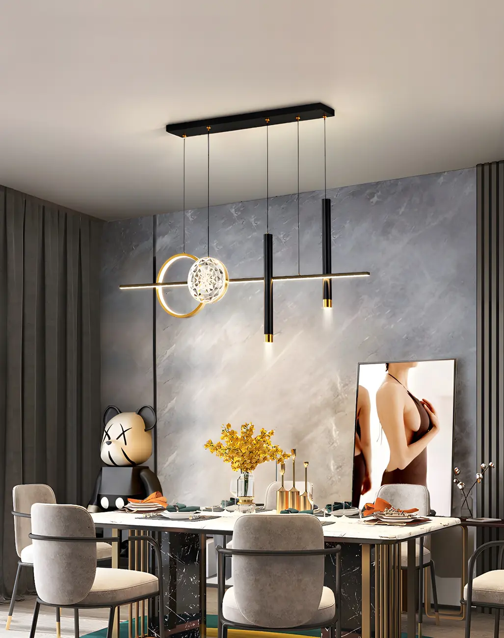 Contemporary LED Gold-Black Linear Island Chandelier Image - 12 | homeyfad