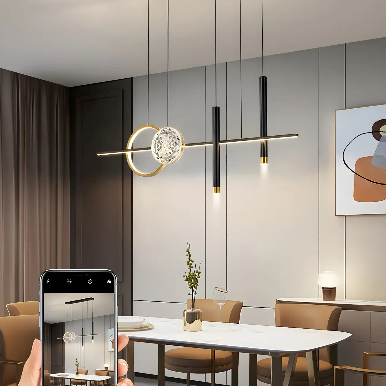 Contemporary LED Gold-Black Linear Island Chandelier Image - 16